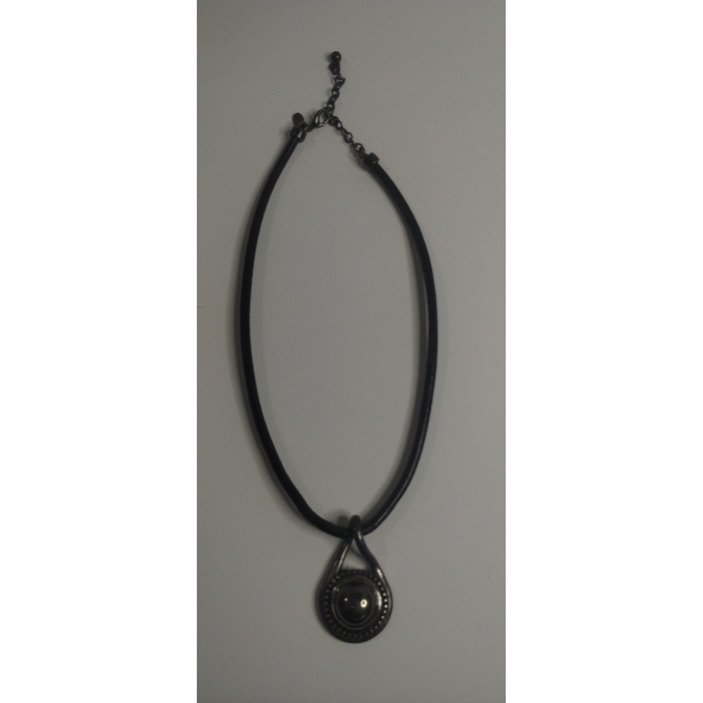 Chicos Black Leather Cord Teardrop‎ Pendant Silver Tone Hematite Cabochon Boho